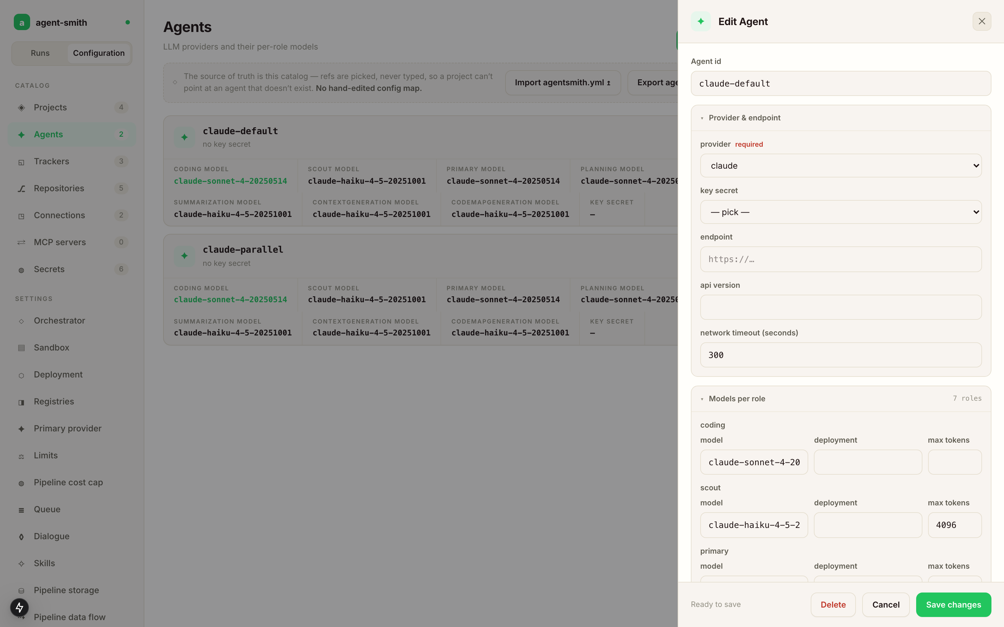 Editing an agent, with provider and endpoint first, then a model per role