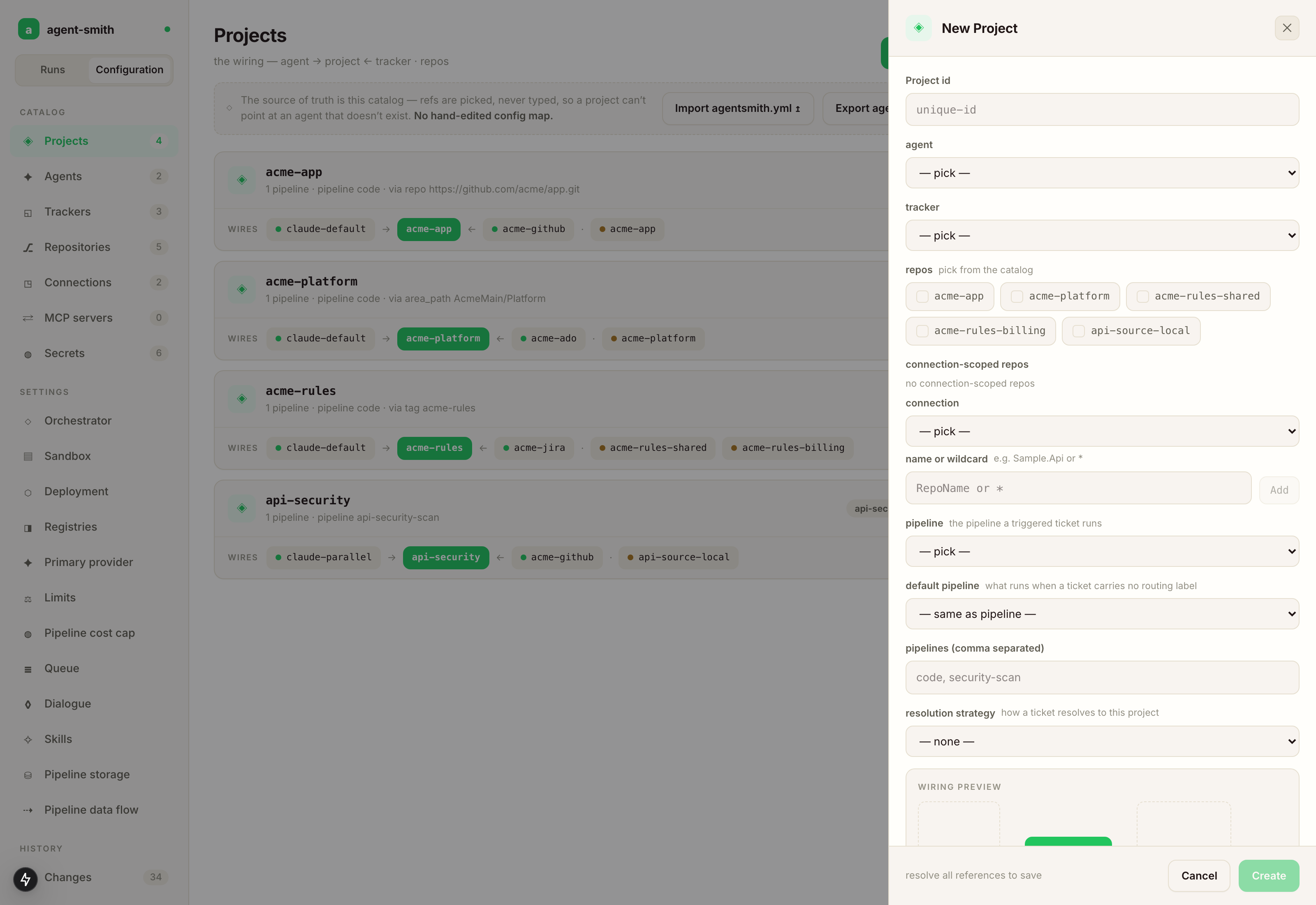 The New Project drawer, where references are picked from the catalog and the footer refuses to save until they resolve