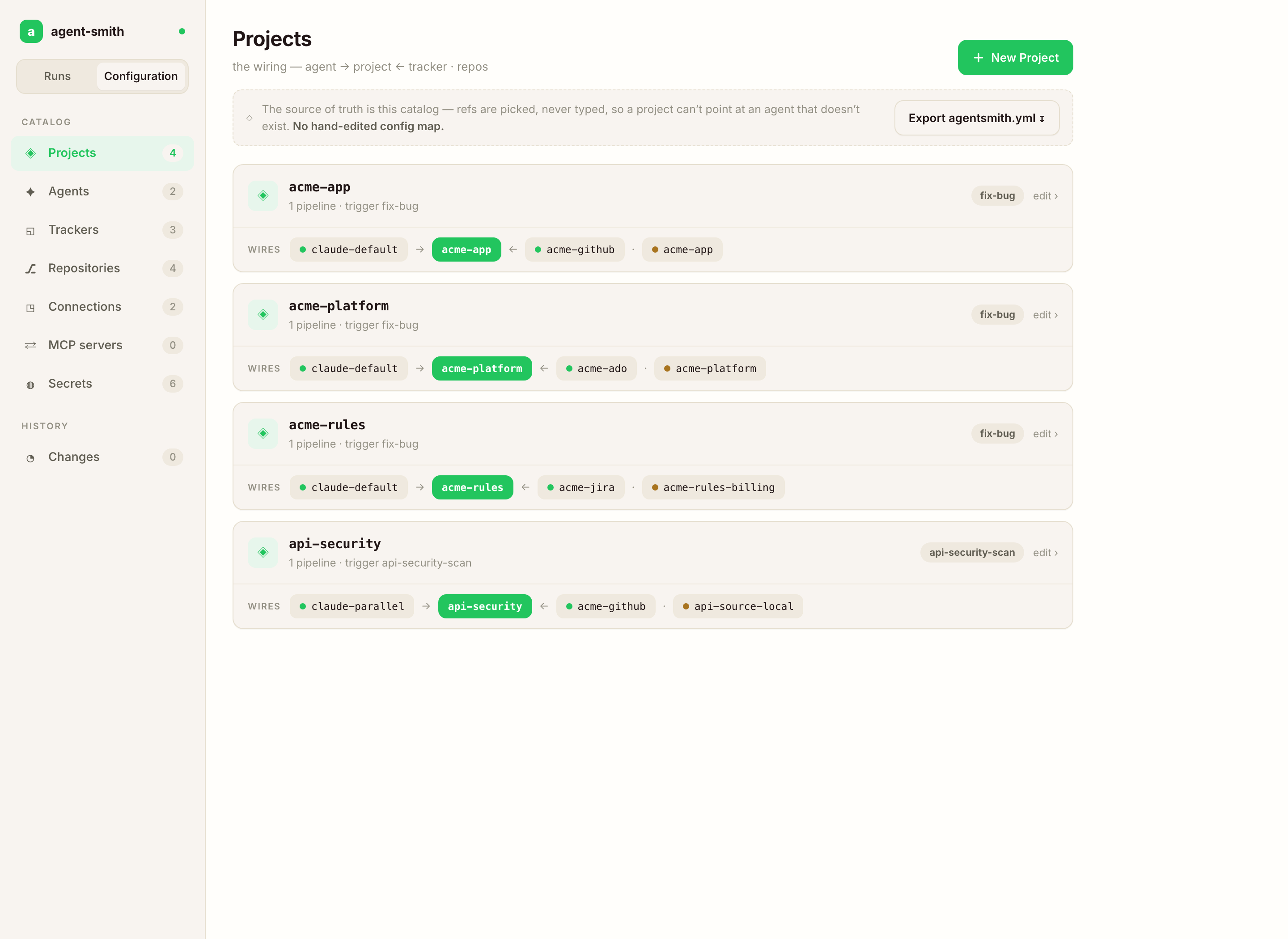 The configuration studio — projects wired to their agent, tracker and repos, with the picked-not-typed catalog and live counts