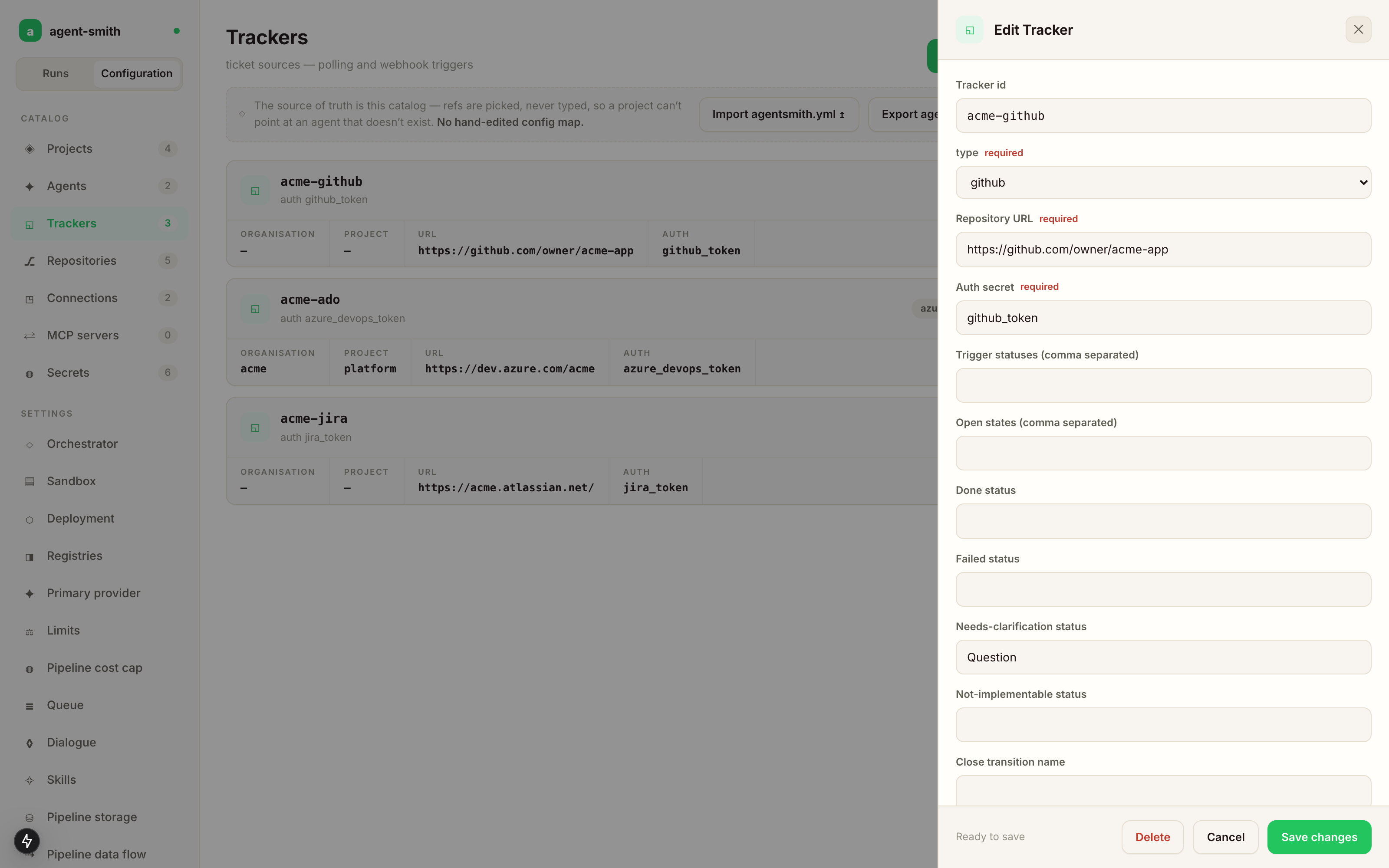 Editing a tracker, with the workflow states and the lifecycle statuses